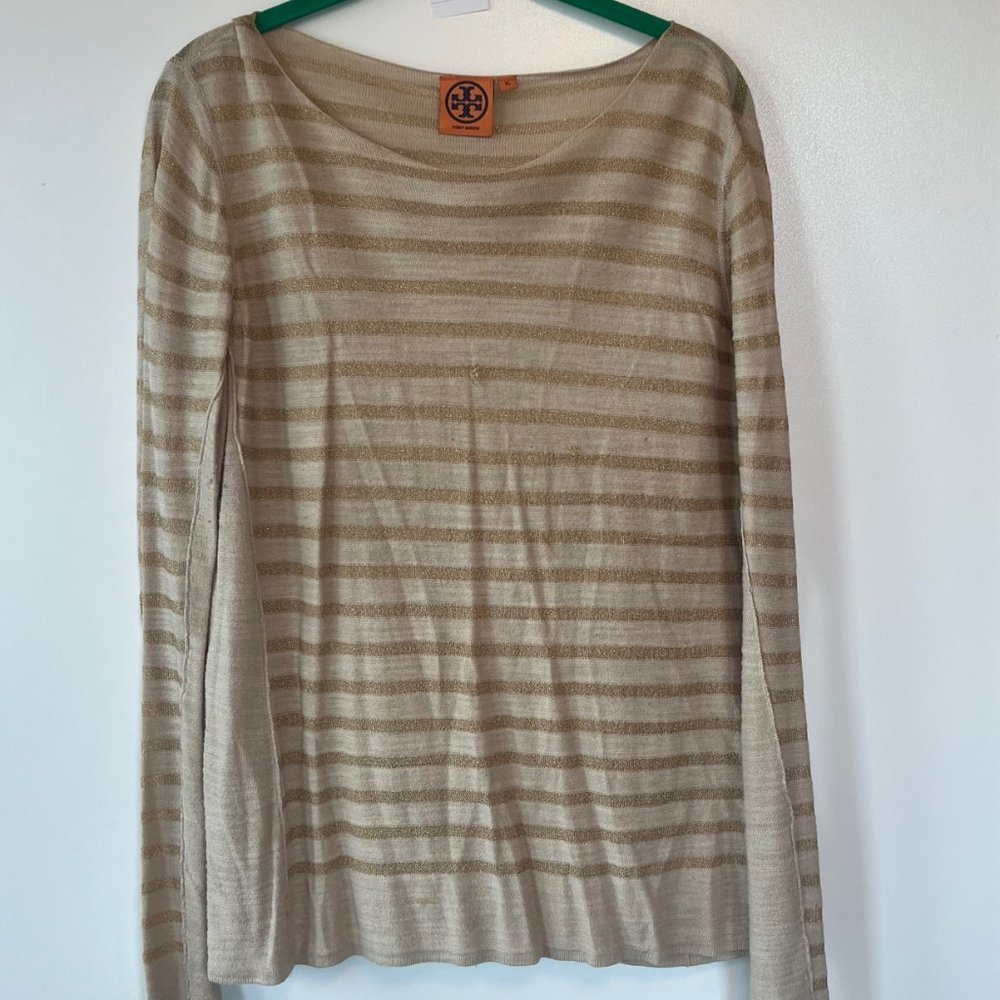 Tory Burch Linen Stripe Sweater Ivory Metallic Gold Lightweight Top, XL